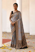 Joban Fashion Grey Crepe Chiffon Pure Handloom Banarasi Silk Saree | Grocsy