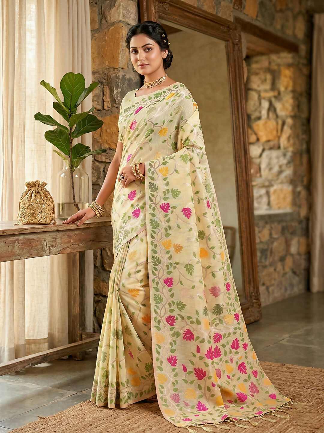 Shree Shyam Fashion Cream Linen Cotton Saree | Grocsy