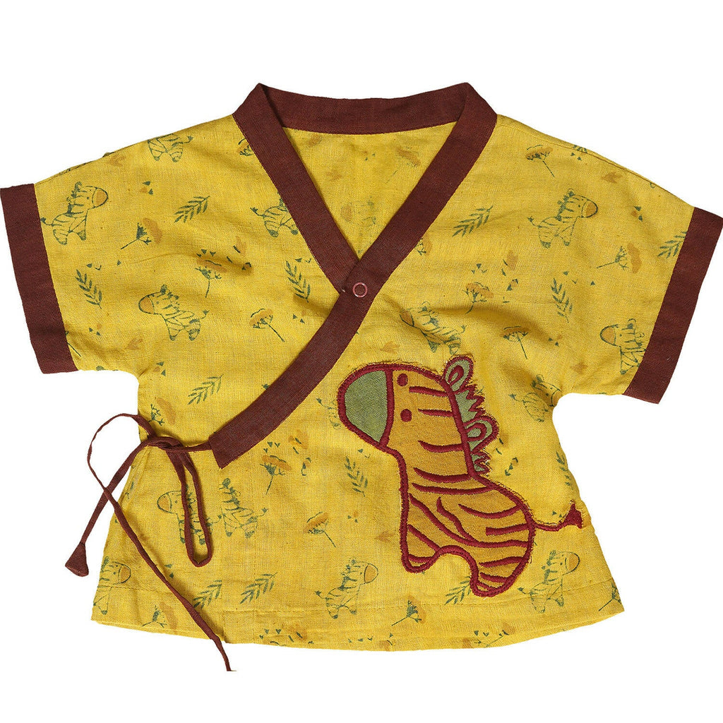 Mhyssa V Neck Kimono Style Half Sleeve Printed Yellow T-shirt With Matching Maroon Shorts Set | Grocsy