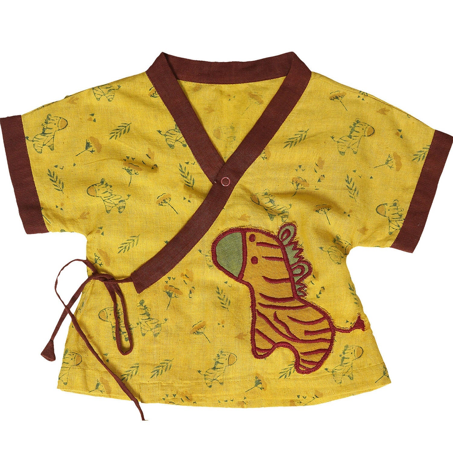 Mhyssa V Neck Kimono Style Half Sleeve Printed Yellow T-shirt With Matching Maroon Shorts Set | Grocsy