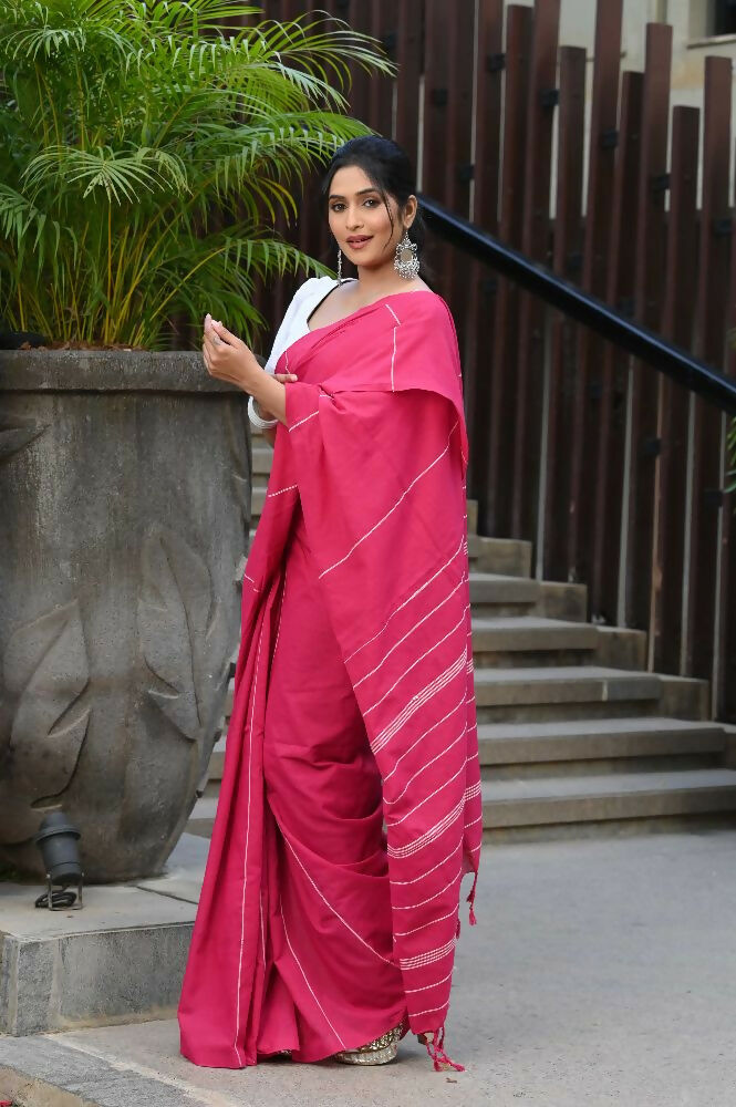 Beatitude Pink Khadi Ghicha Stripes Saree | Grocsy