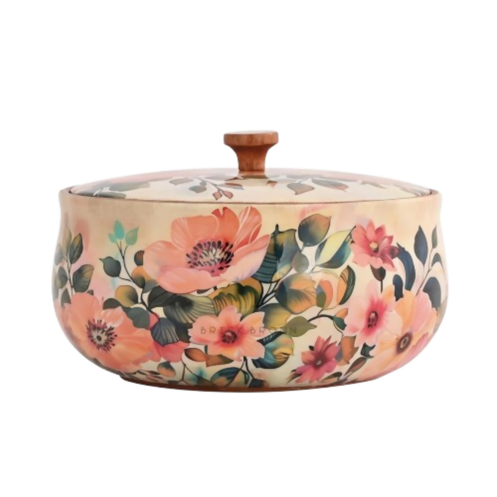 Brick Brown Handcrafted Enamel Coated Wooden Pastel Flora Roti Box | Grocsy