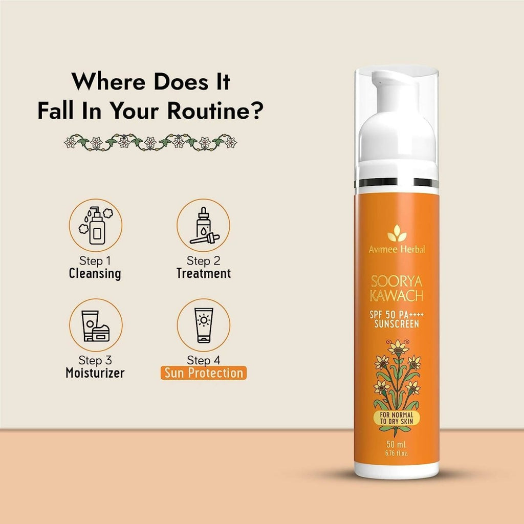 Avimee Herbal Soorya Kawach Sunscreen SPF 50 PA++++ For Normal & Dry Skin | Grocsy
