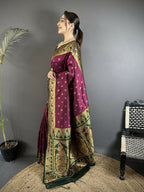 Joban Fashion Wine Intricate Motifs Soft Silk Banarasi Saree | Grocsy