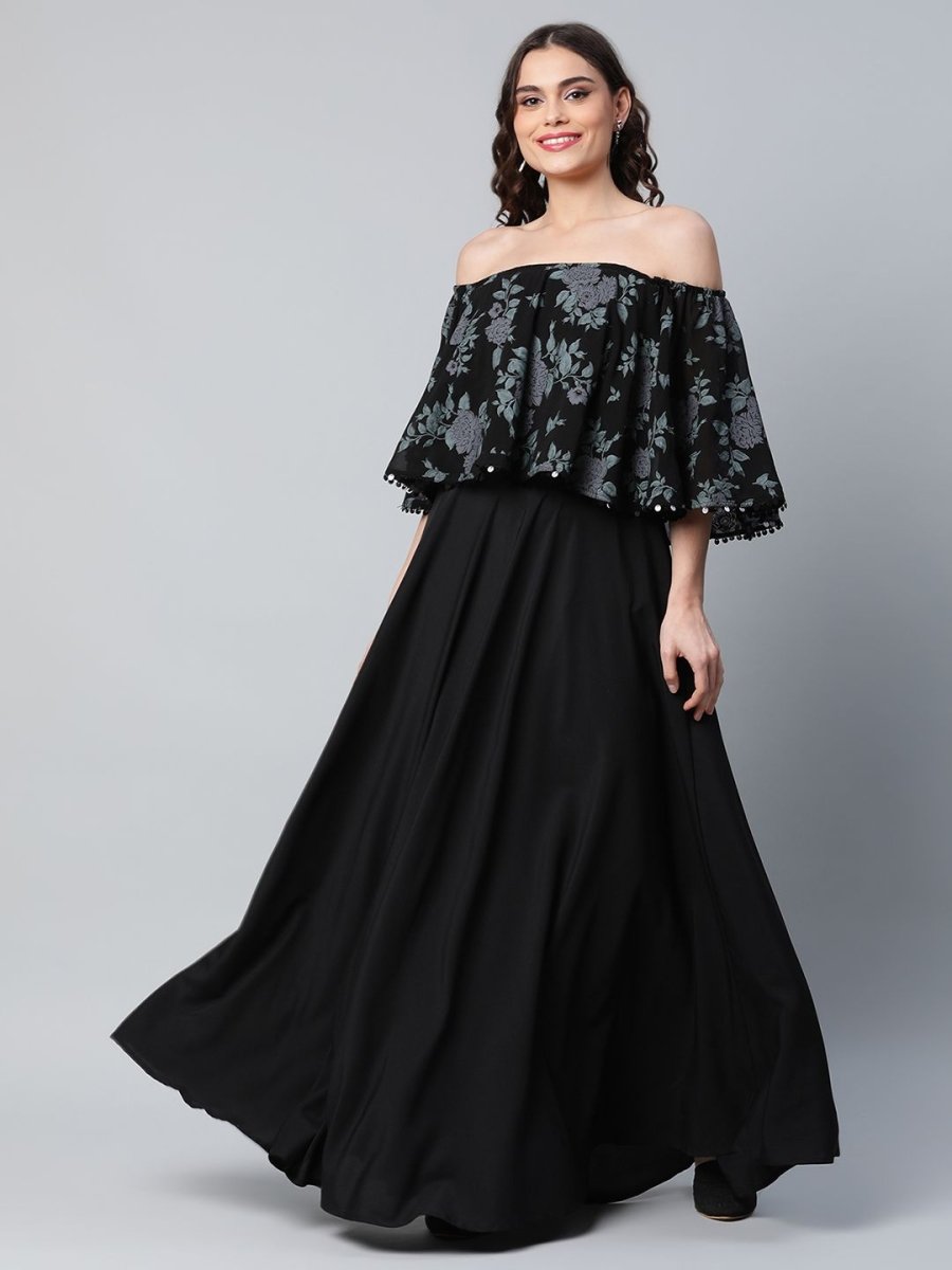 Ahalyaa Women Crepe Printed Black Dress | Grocsy