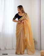 Attrctive Looking Gold Jari, Sequance Embroidery Work Twill Net Party Wear Saree - Gold | Grocsy