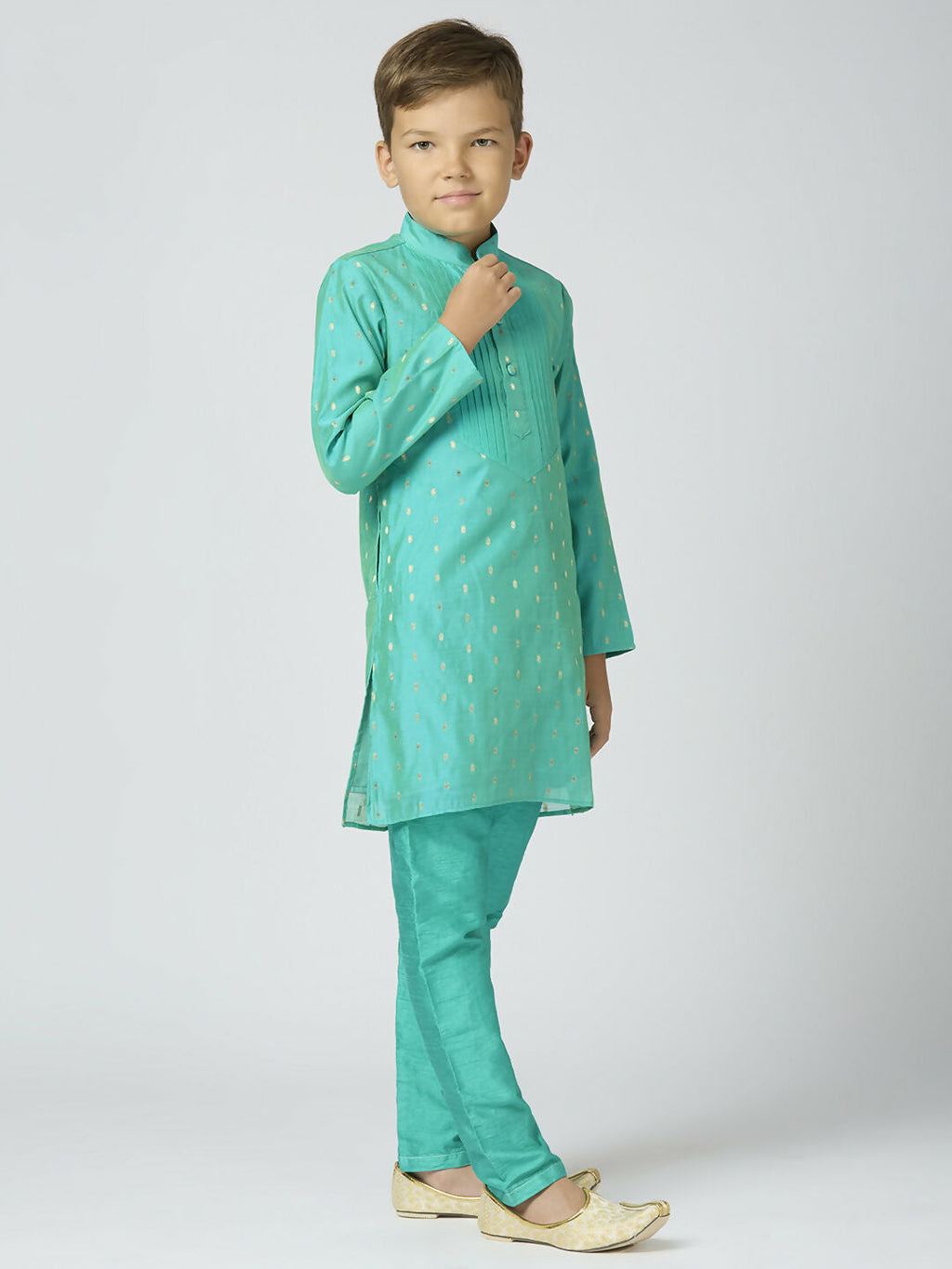 Joban Fashion Kids Island Full Sleeves Chanderi Kurta, Pyjama Set with Traditional Butta Work - Sea Green | Grocsy