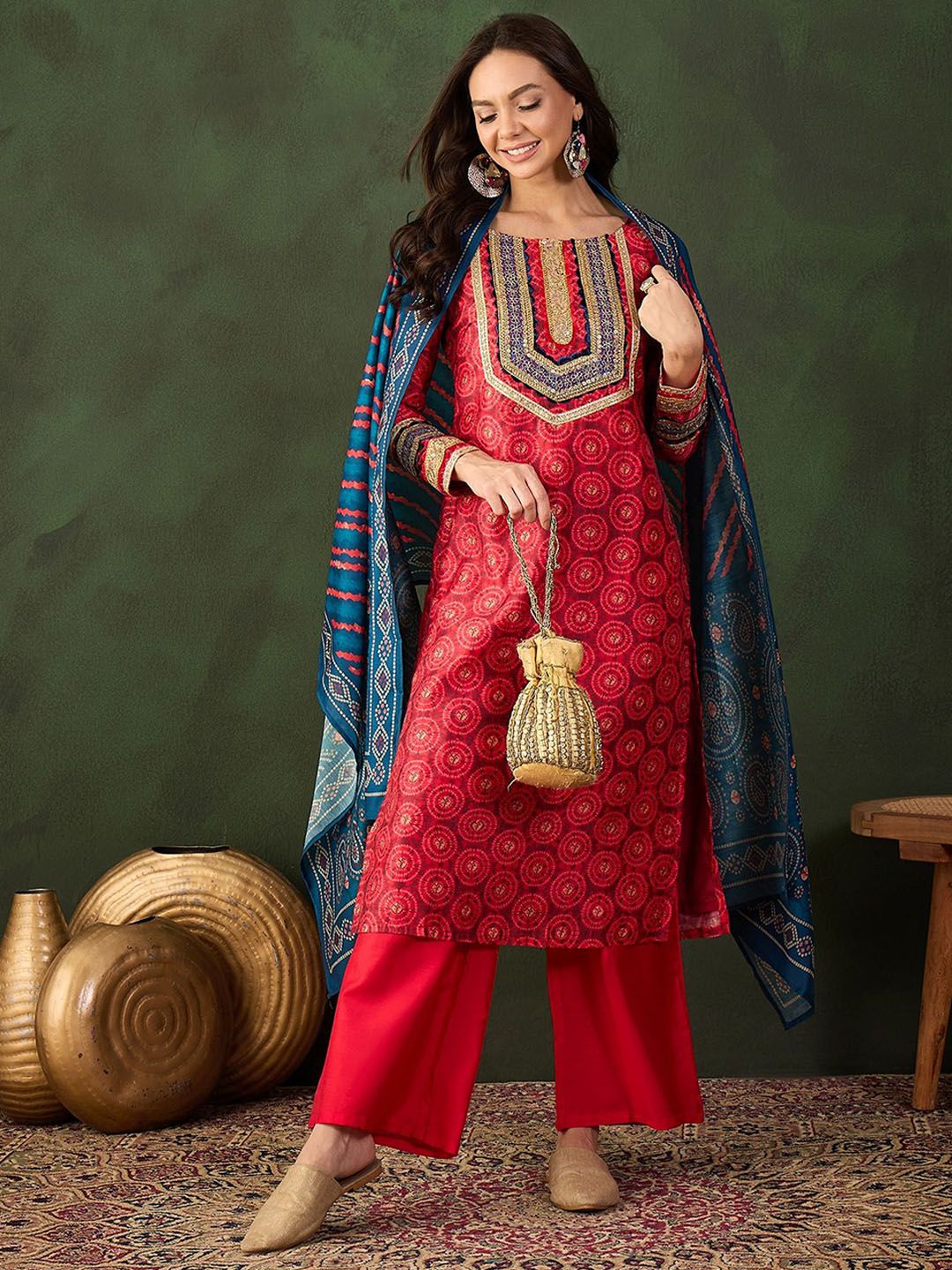 Sangria Embroidered Kurta & Palazzo With Dupatta | Grocsy