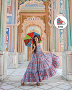 Designer Partywear Printed Blue Pure Maslin Gown - Anbazaar | Grocsy