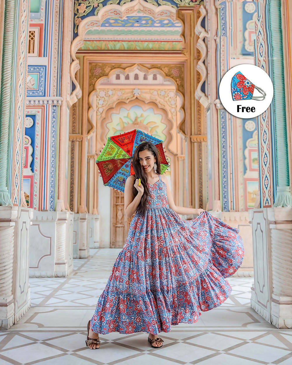Designer Partywear Printed Blue Pure Maslin Gown - Anbazaar | Grocsy