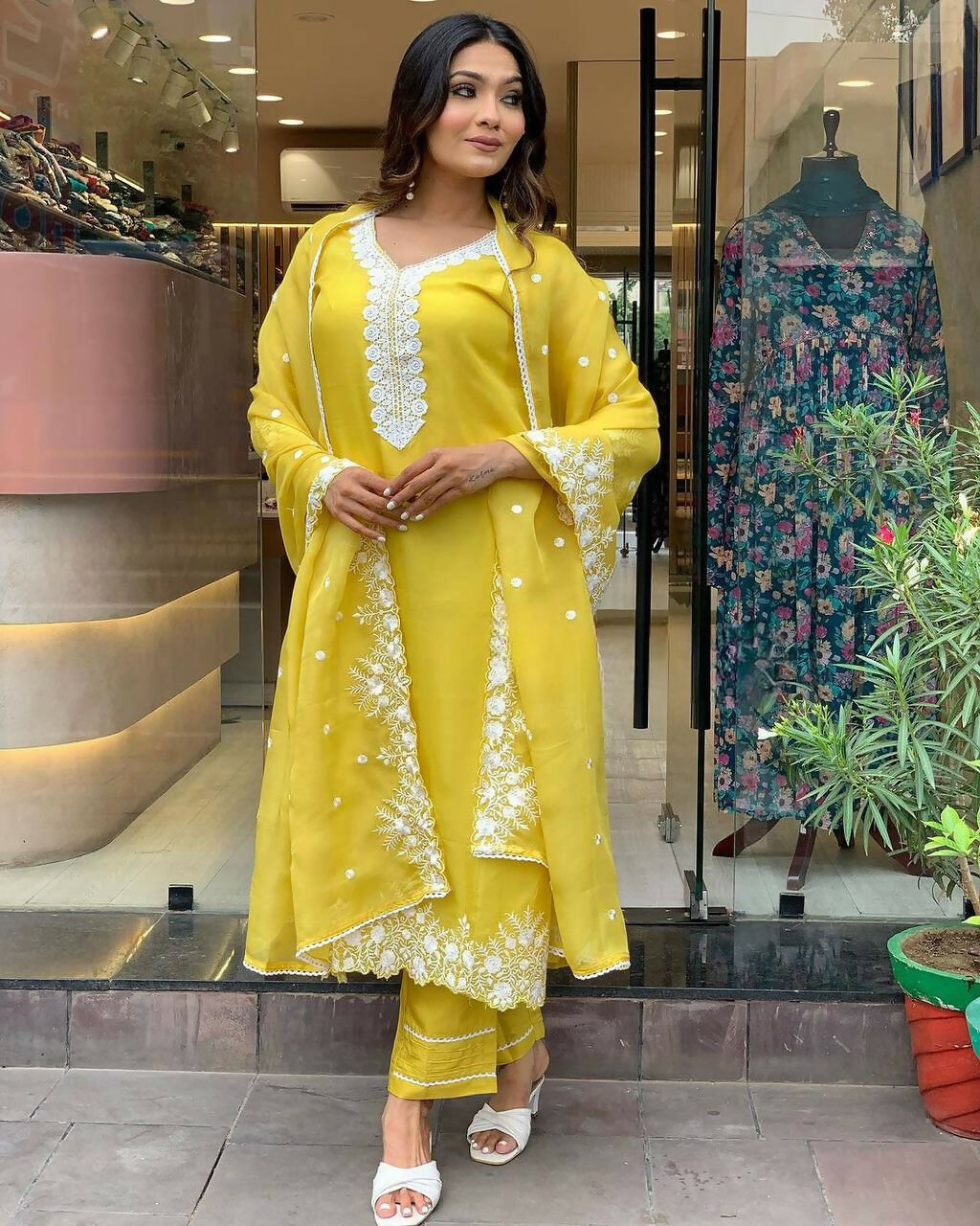 The52 Yellow Women's Gorgeous Embroidered Georgette Fabric Straight Kurta Pant with Dupatta Set | Grocsy