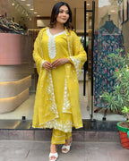 The52 Yellow Women's Gorgeous Embroidered Georgette Fabric Straight Kurta Pant with Dupatta Set | Grocsy