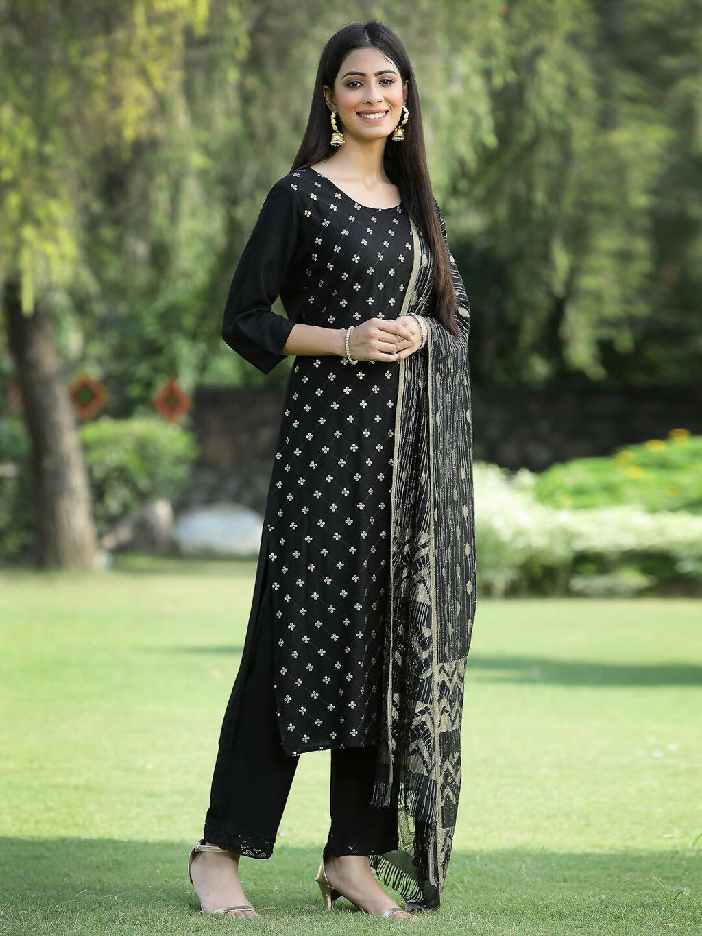 Juniper Women's Black Rayon Embellished Straight Kurta Sets | Grocsy