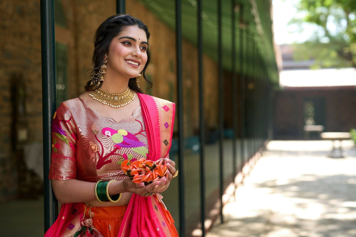 Vastranavya Perfect Classic And Contemporary Fashion Paithani Lehenga Choli - Red | Grocsy