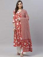 Miravan Women's Cotton Floral Printed Anarkali Kurta With Dupatta | Grocsy