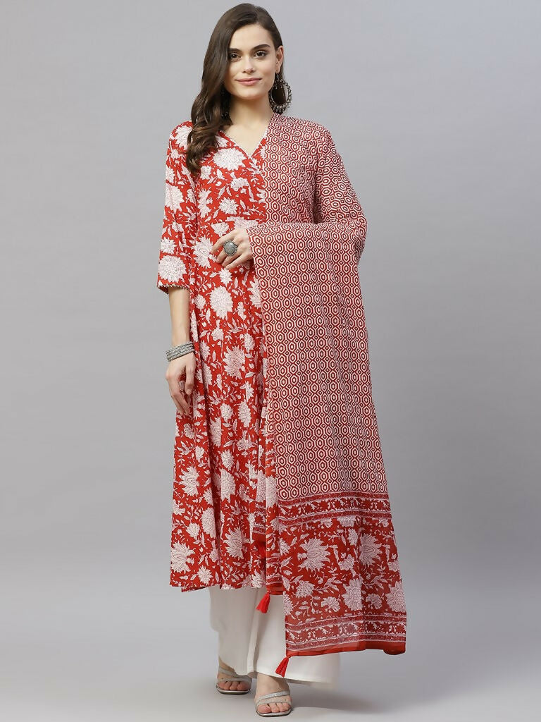 Miravan Women's Cotton Floral Printed Anarkali Kurta With Dupatta | Grocsy