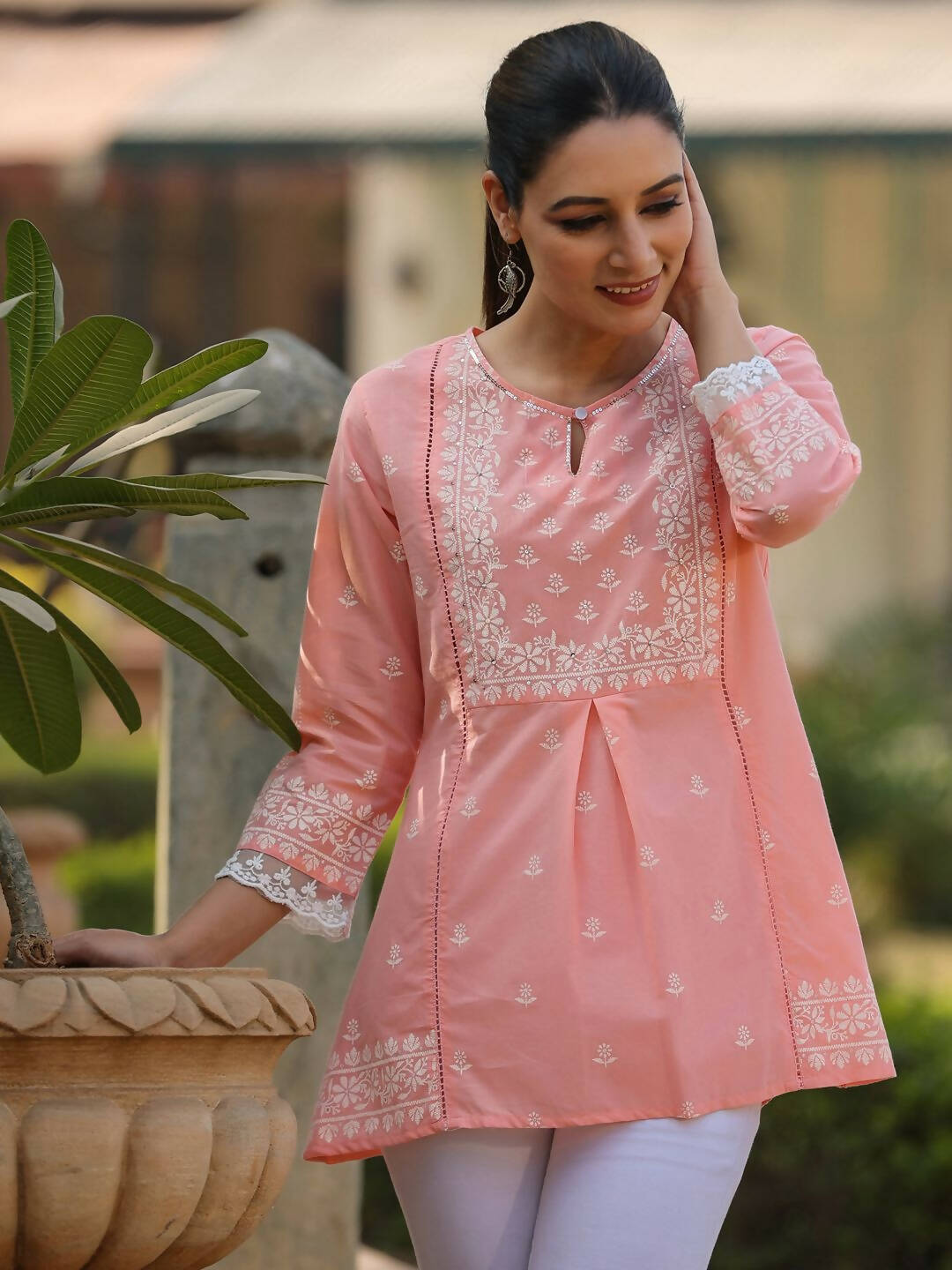 Juniper Women's Peach Cambric Floral Printed Tunic | Grocsy