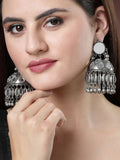 NVR Women's Silver Plated Mirror Work Oxidised Contemporary Jhumka Earrings | Grocsy