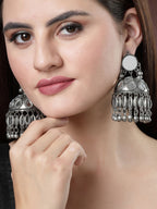 NVR Women's Silver Plated Mirror Work Oxidised Contemporary Jhumka Earrings | Grocsy