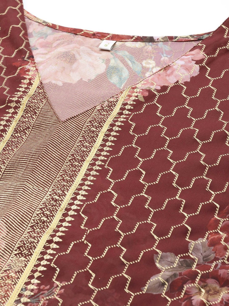 Ahalyaa Women Maroon Floral Printed Flared Sleeves Kaftan Kurta | Grocsy