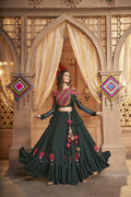 Green Viscose Rayon Thread Embroidered Work With Mirror All Over Navratri Lehenga Choli With Dupatta - Raas | Grocsy