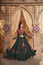 Green Viscose Rayon Thread Embroidered Work With Mirror All Over Navratri Lehenga Choli With Dupatta - Raas | Grocsy