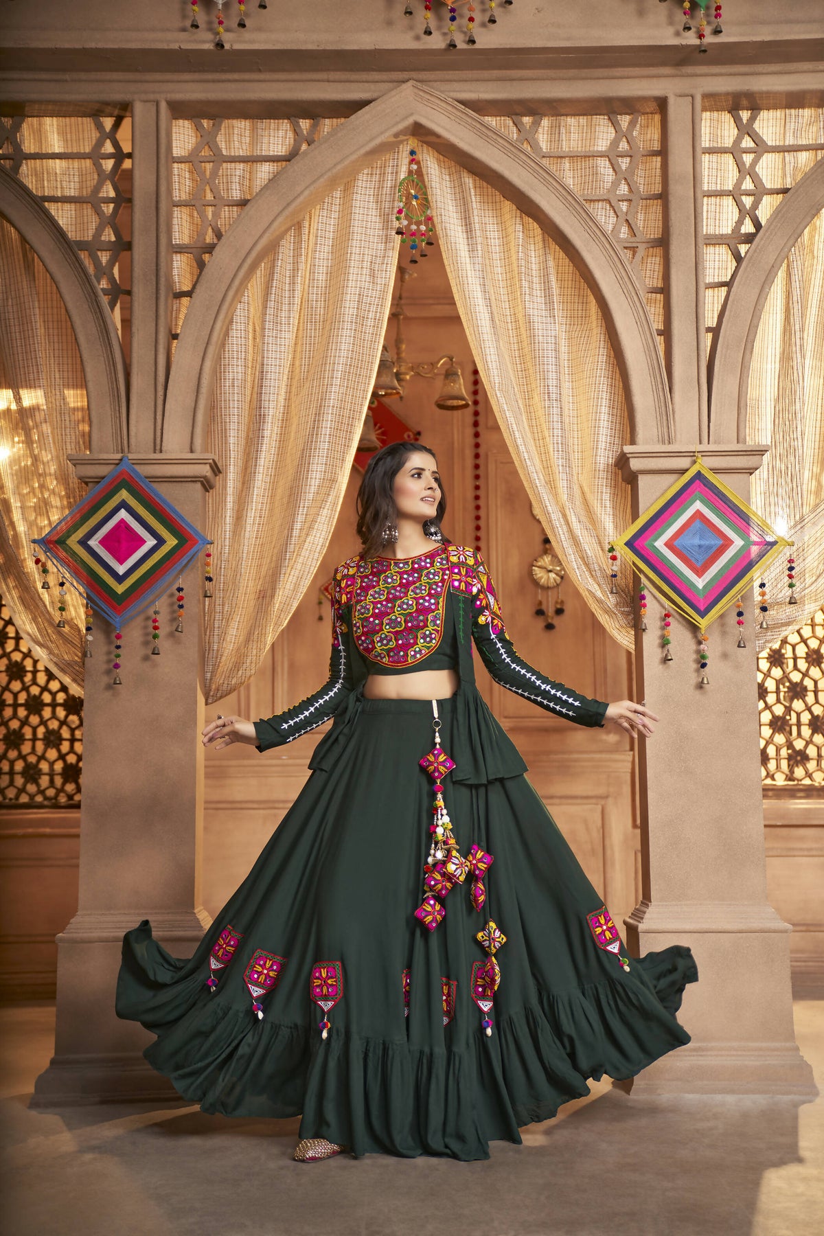 Green Viscose Rayon Thread Embroidered Work With Mirror All Over Navratri Lehenga Choli With Dupatta - Raas | Grocsy