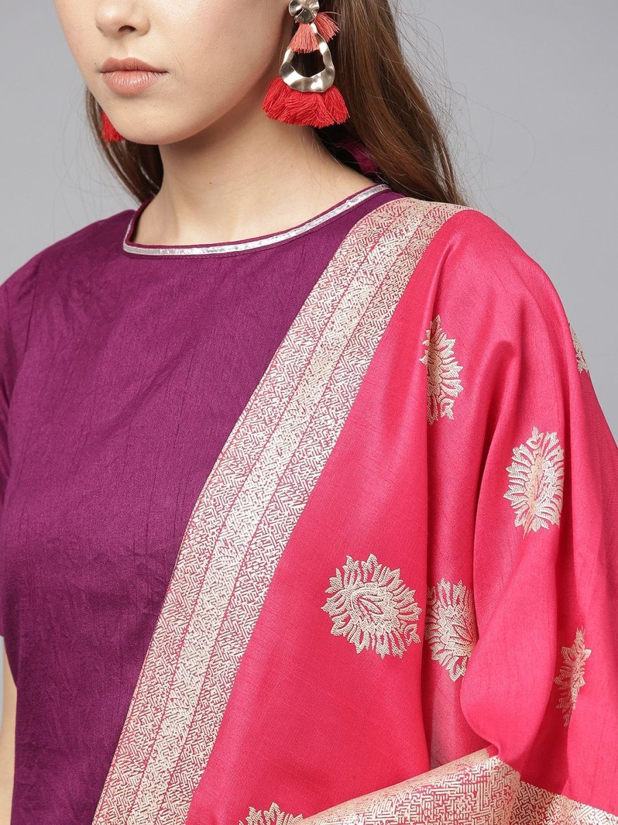 Ahalyaa Women's Purple Poly Silk Solid Kurta and Red Printed Sharara With Dupatta | Grocsy