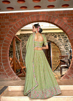 Green Chinon Crushed Sequence and Thread Embroidery Work Lehenga Choli with Dupatta - Viharini | Grocsy