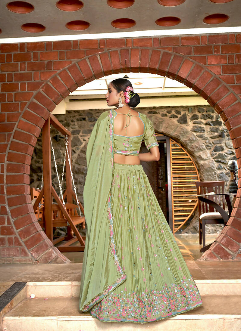 Green Chinon Crushed Sequence and Thread Embroidery Work Lehenga Choli with Dupatta - Viharini | Grocsy