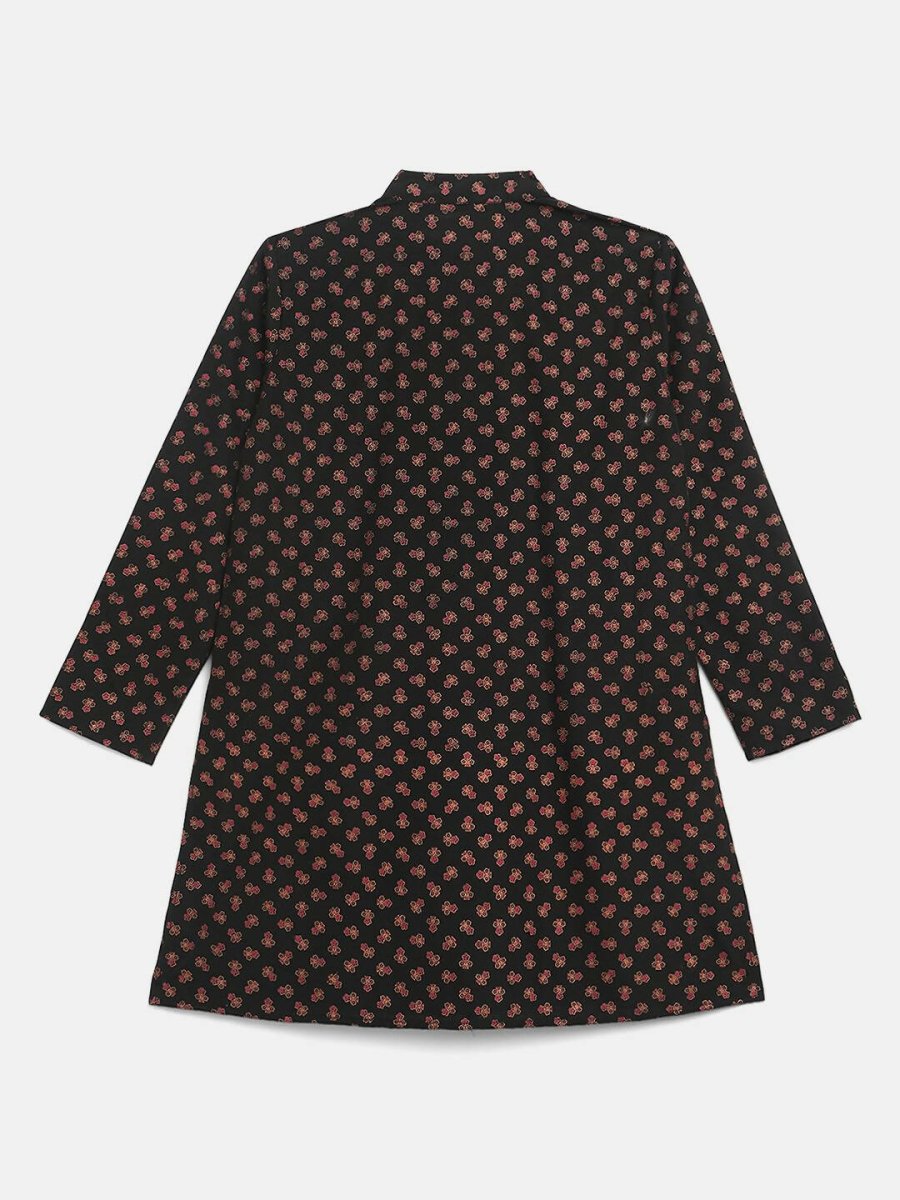 Ahalyaa Black Crepe Gold Pigment Print Kids Kurta Churidar Set For Boys | Grocsy