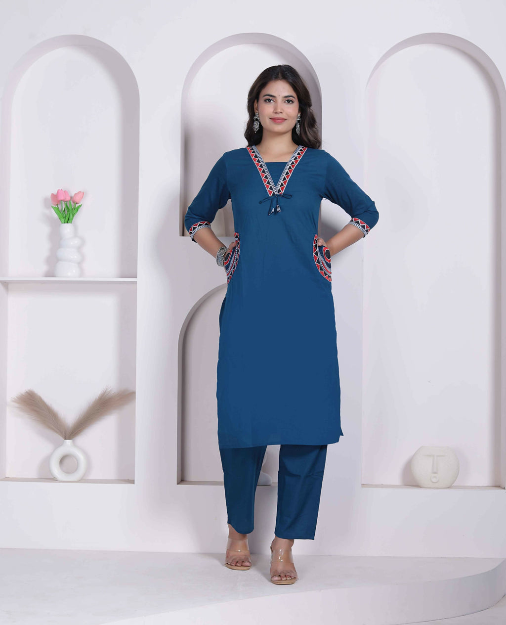 Miravan Womens Blue Straight Kurta With Palazzo Set | Grocsy