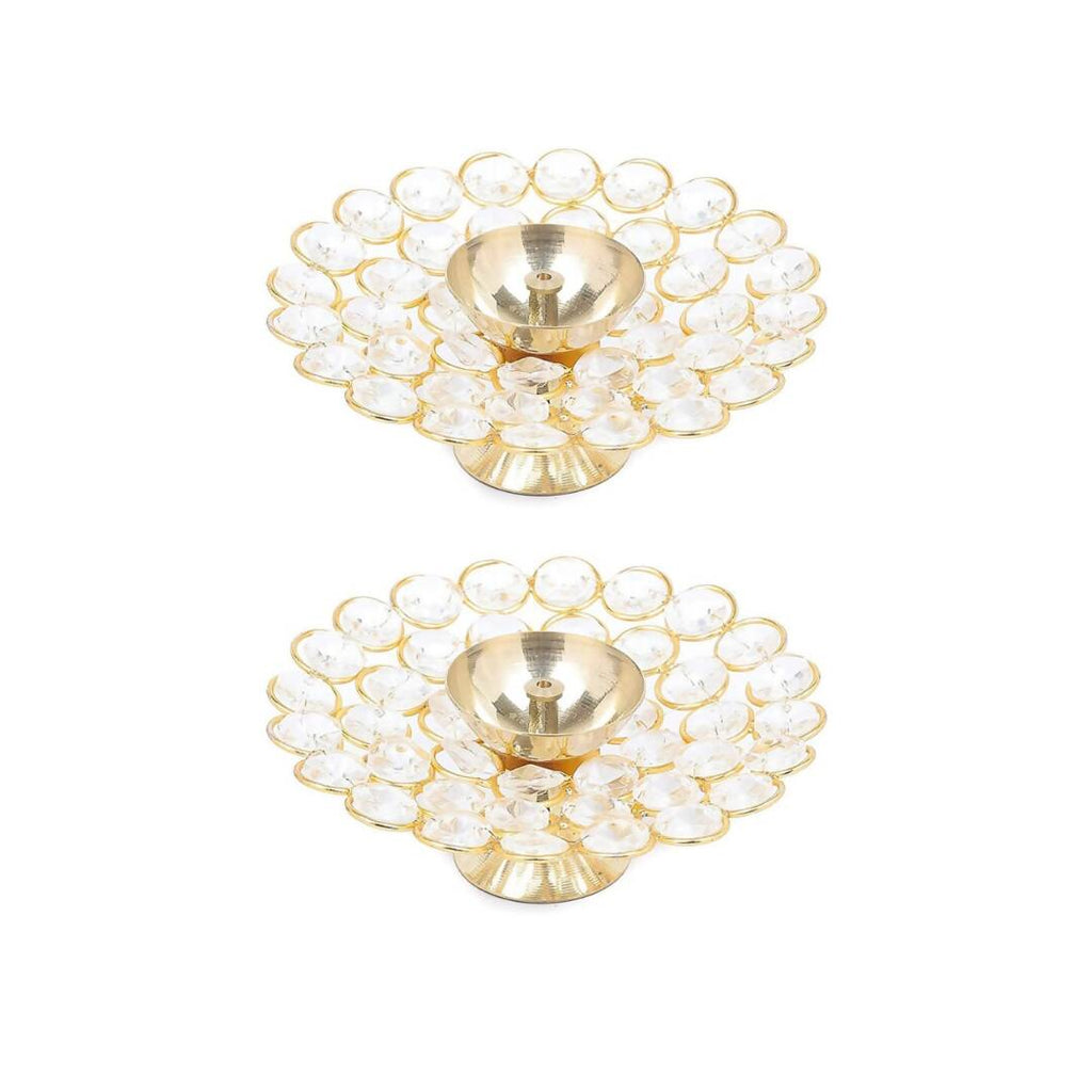 Tied Ribbons Set of 2 Gold-Toned Decorative Crystal Diyas | Grocsy