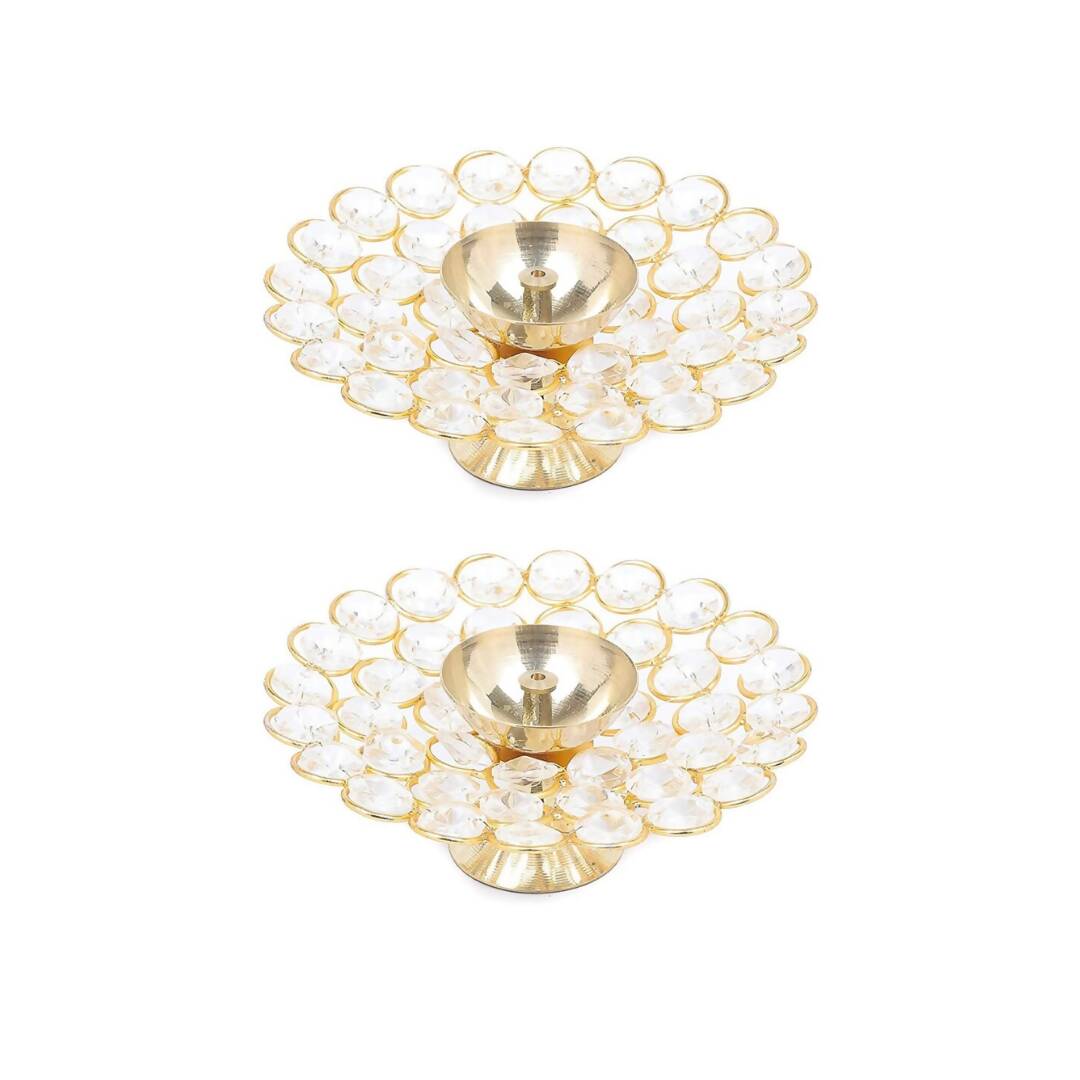 Tied Ribbons Set of 2 Gold-Toned Decorative Crystal Diyas | Grocsy