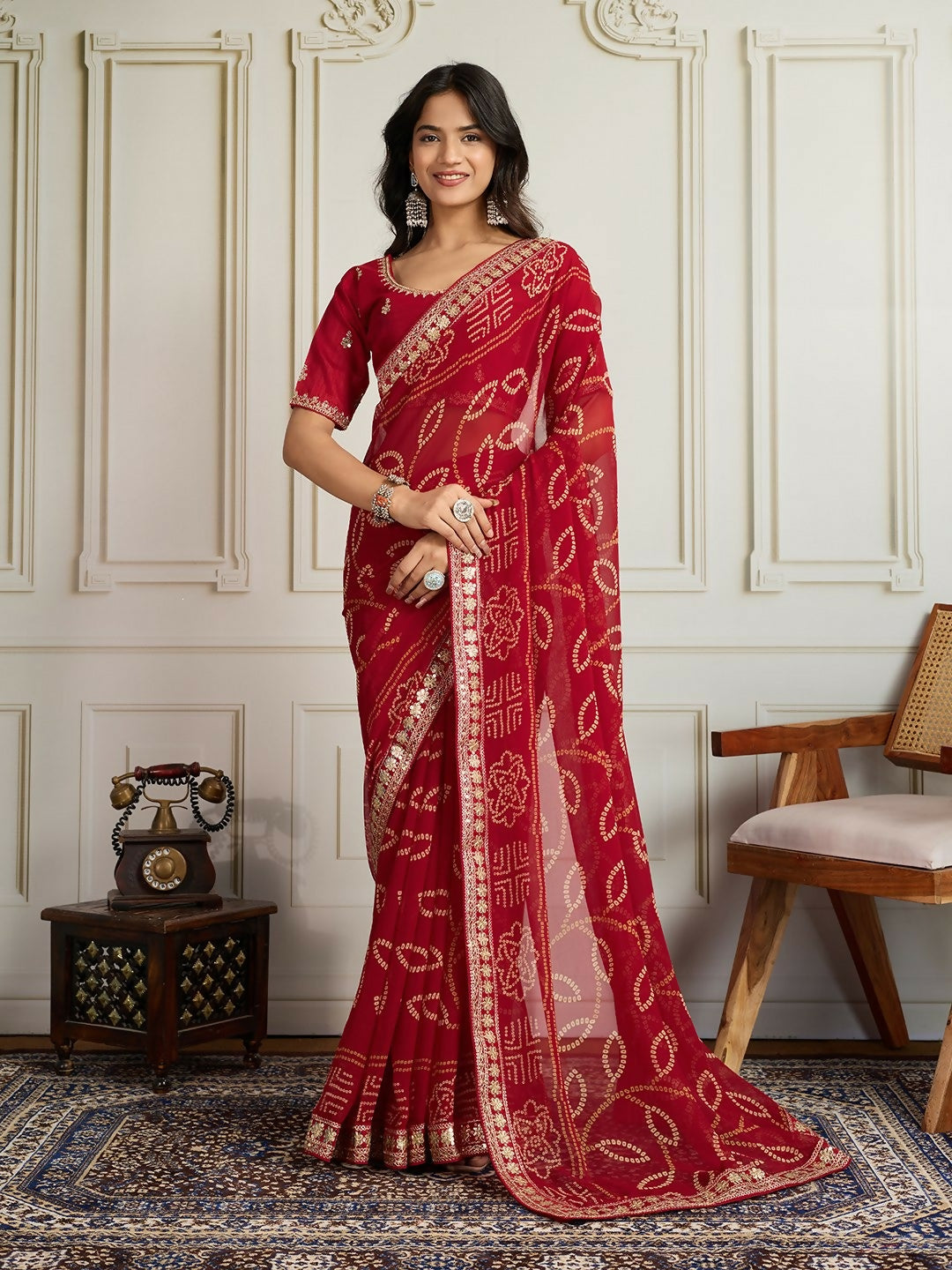 Ai Fashion Red Georgette Rajwadi Bandhani Print Party Wear Saree | Grocsy