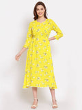 Myshka Women's Yellow Printed Cotton 3/4 Sleeve Round Neck Casual Dress | Grocsy