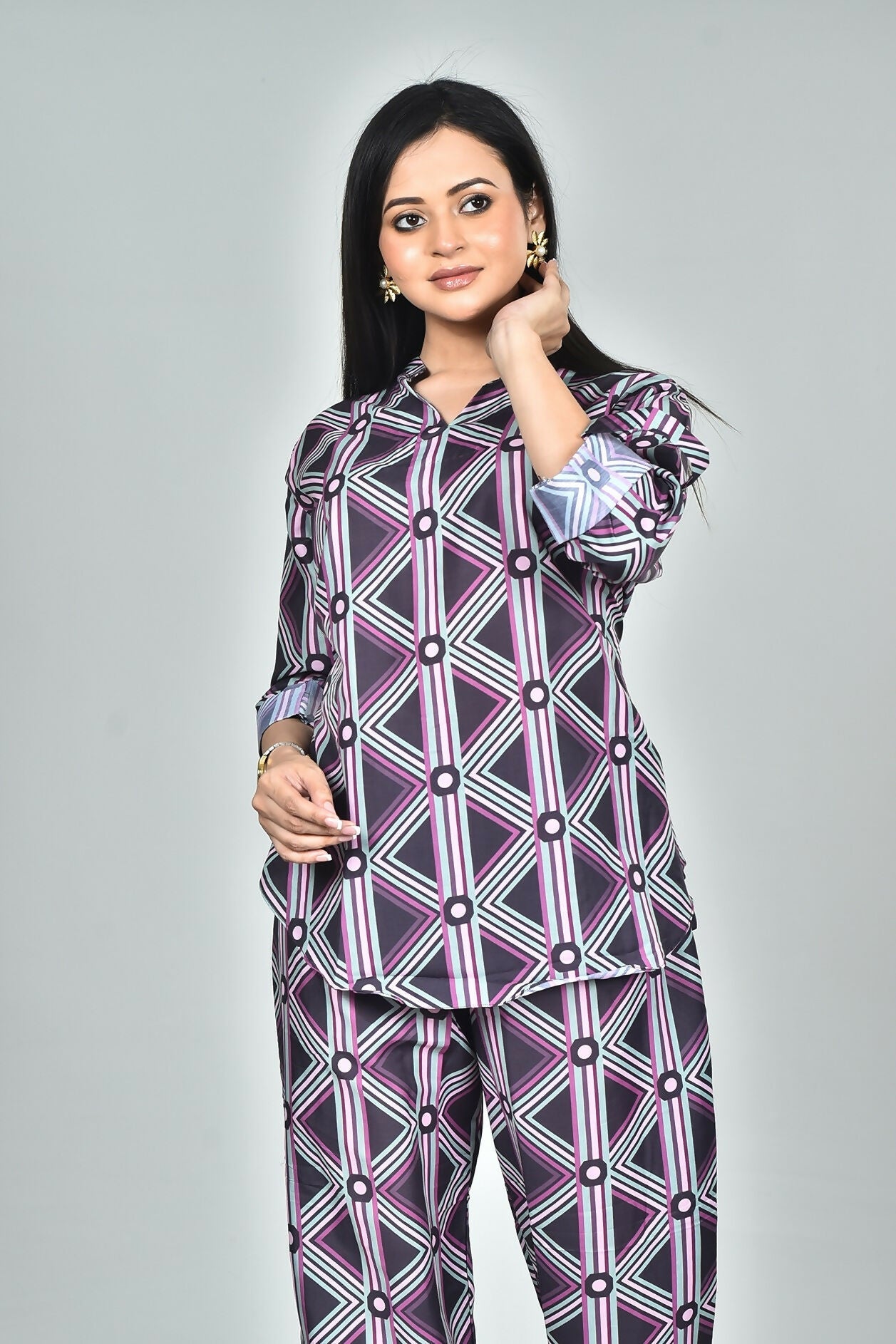 Morchari Digital Print Semi Muslin Co-Ord Set Top & Trouser-Multicolor | Grocsy