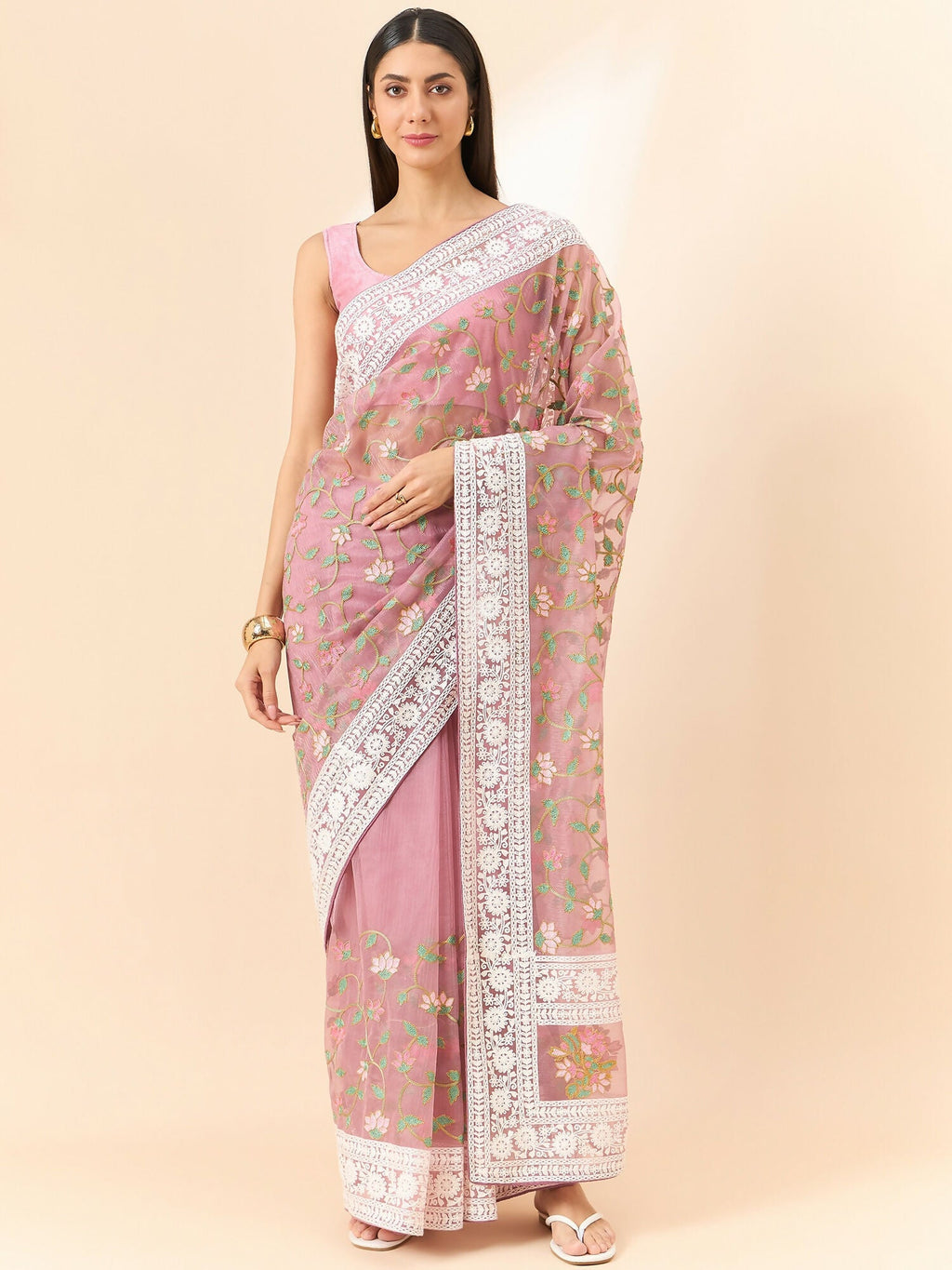 Pink Organza Floral Embroidered Saree with Unstitched Blouse Piece - Roozal | Grocsy