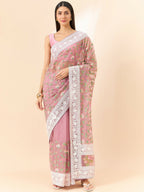 Pink Organza Floral Embroidered Saree with Unstitched Blouse Piece - Roozal | Grocsy