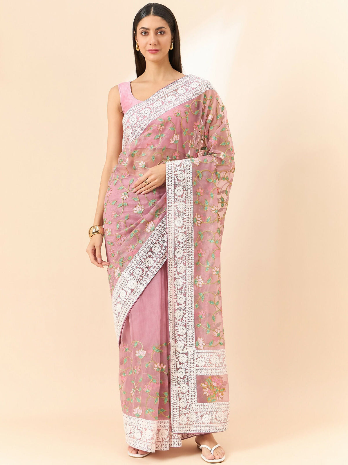 Pink Organza Floral Embroidered Saree with Unstitched Blouse Piece - Roozal | Grocsy