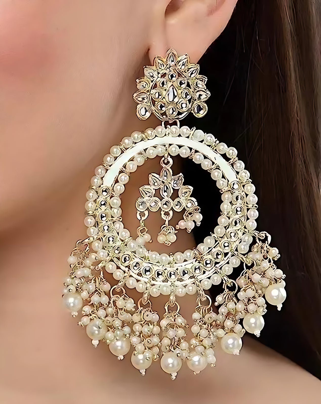 Jewel City Luxurious Pearl Chandelier Earrings - Traditional Indian Kundan Style Statement Jewelry for Wedding & Festive Wear | Grocsy