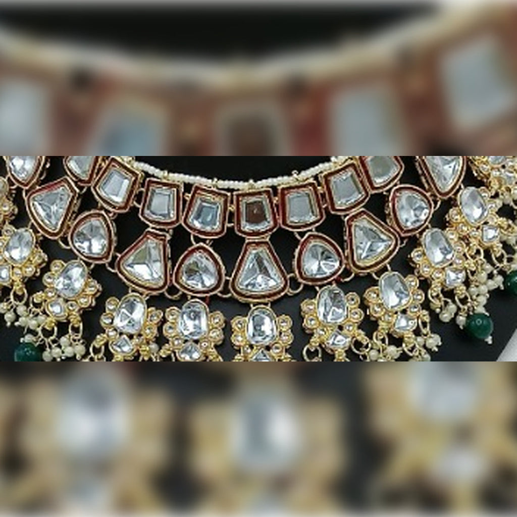 Jewel City Royal Kundan Bridal Jewelry Set - Emerald Green & Crystal Choker with Earrings & Maang Tikka | Grocsy