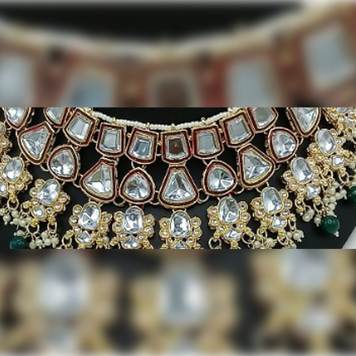 Jewel City Royal Kundan Bridal Jewelry Set - Emerald Green & Crystal Choker with Earrings & Maang Tikka | Grocsy