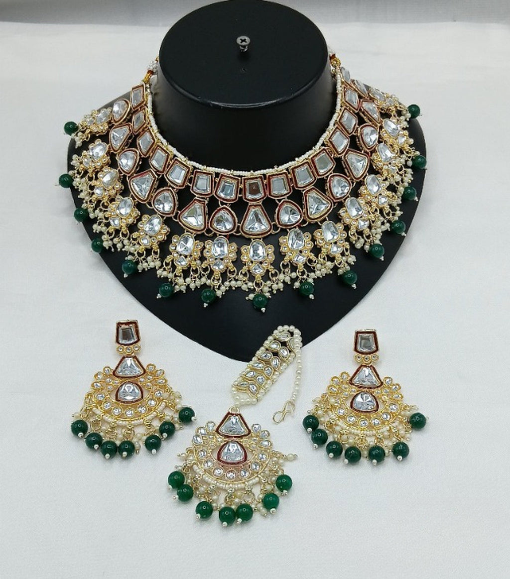 Jewel City Royal Kundan Bridal Jewelry Set - Emerald Green & Crystal Choker with Earrings & Maang Tikka | Grocsy
