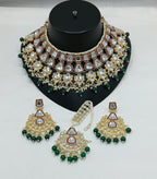 Jewel City Royal Kundan Bridal Jewelry Set - Emerald Green & Crystal Choker with Earrings & Maang Tikka | Grocsy