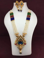 Jewel City Traditional Pearl Rani Haar with Peacock Pendant - Multicolor Beaded Wedding Necklace Set with Designer Earrings | Grocsy
