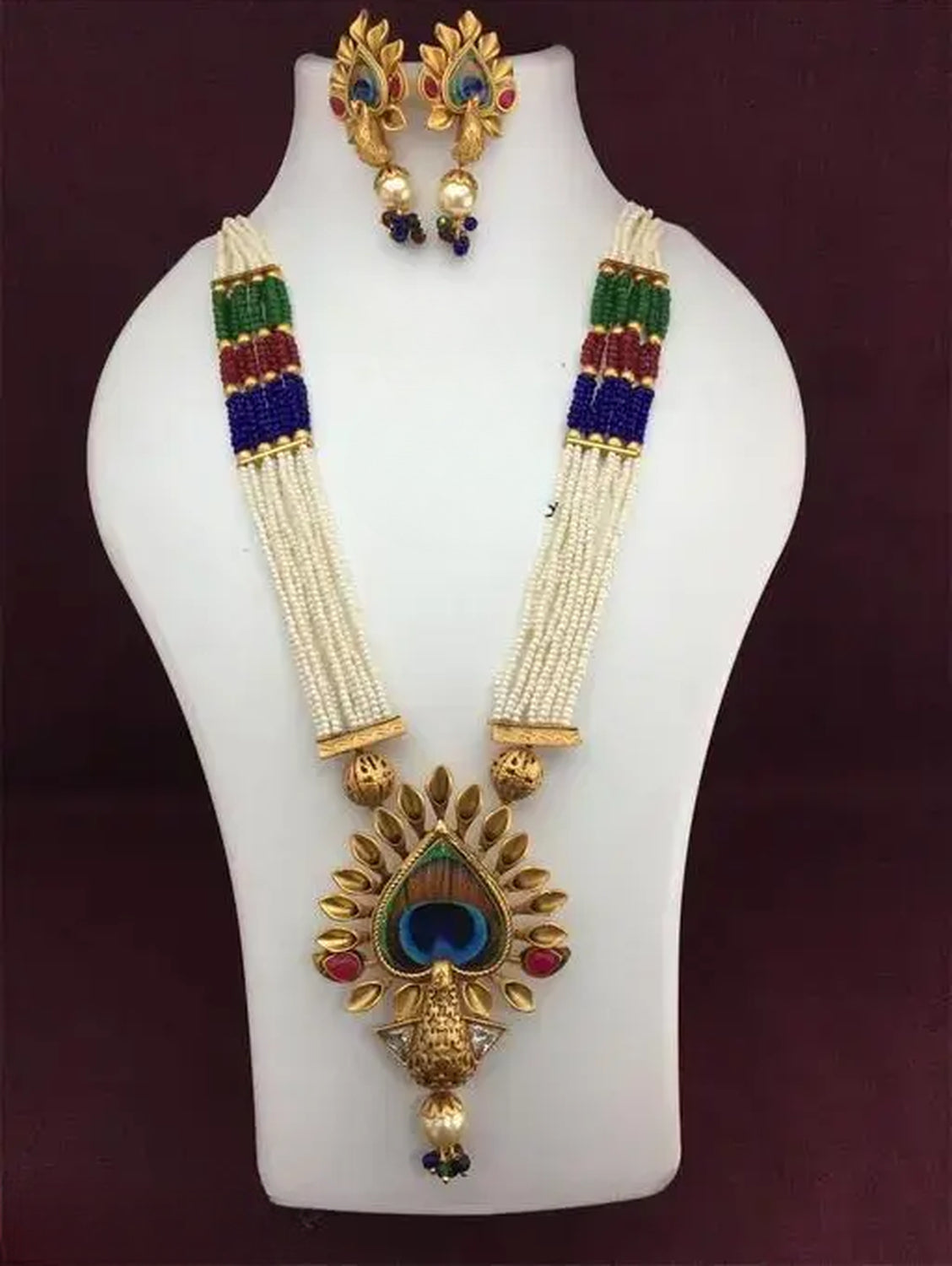 Jewel City Traditional Pearl Rani Haar with Peacock Pendant - Multicolor Beaded Wedding Necklace Set with Designer Earrings | Grocsy