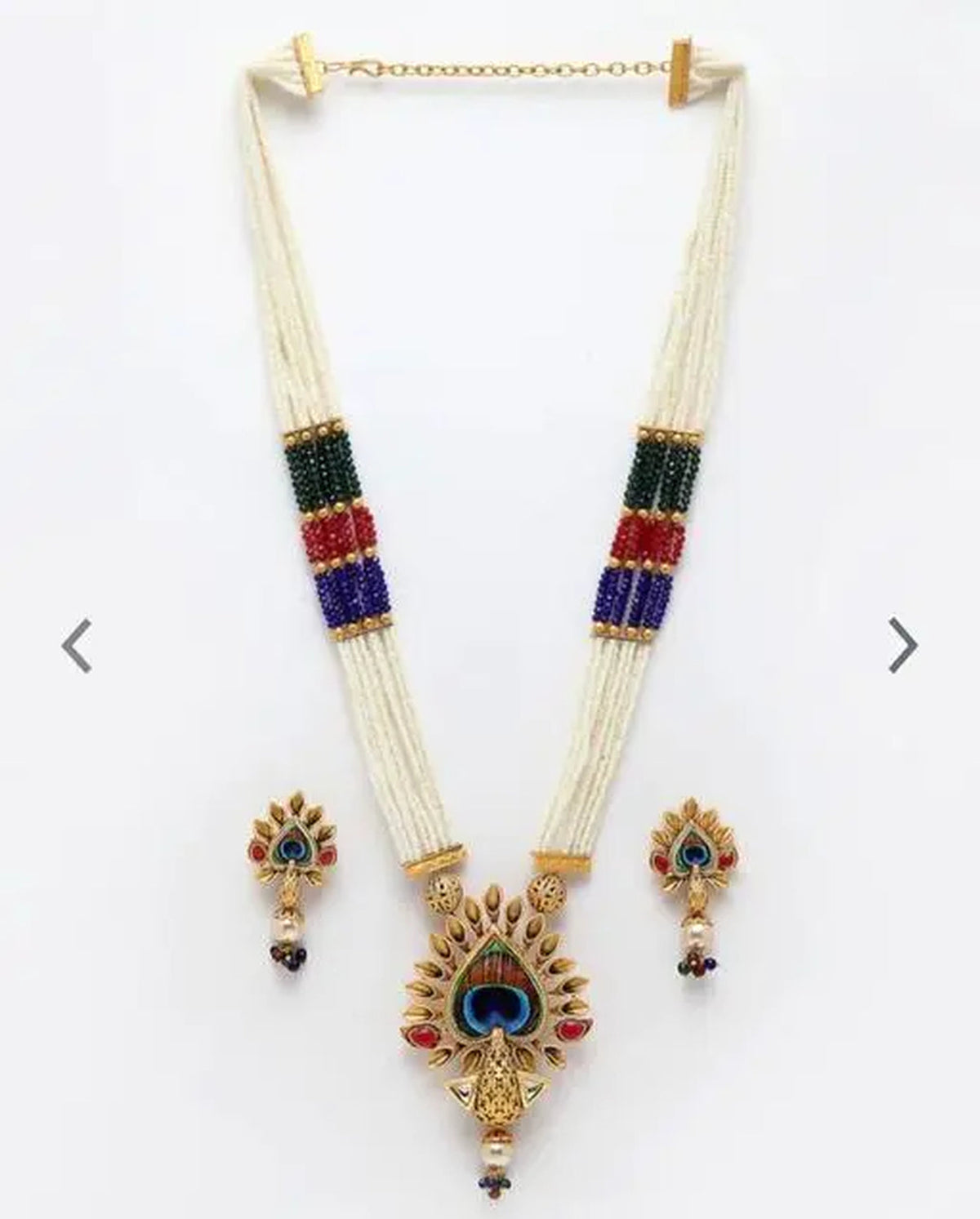 Jewel City Traditional Pearl Rani Haar with Peacock Pendant - Multicolor Beaded Wedding Necklace Set with Designer Earrings | Grocsy