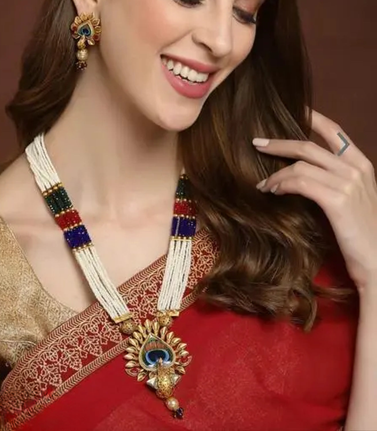 Jewel City Traditional Pearl Rani Haar with Peacock Pendant - Multicolor Beaded Wedding Necklace Set with Designer Earrings | Grocsy