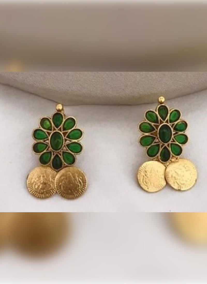 Jewel City Traditional Lakshmi Coin Necklace Set with Emerald Green Stones - Antique Gold Temple Jewelry for Indian Weddings and Festivals | Grocsy
